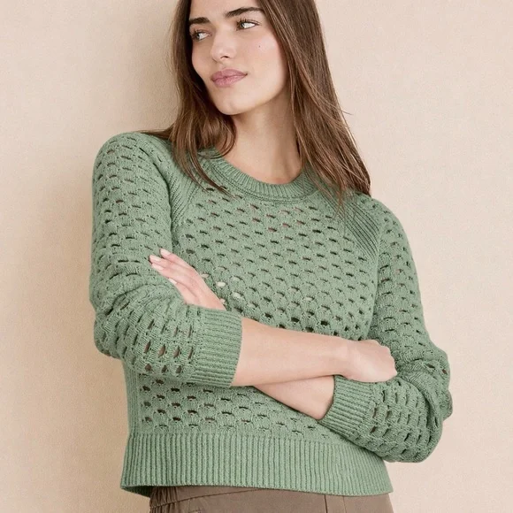 LOU & GREY NWT L Mesh Sweater • Open Knit Casual Crew Neck Pullover in Green - Picture 8 of 11
